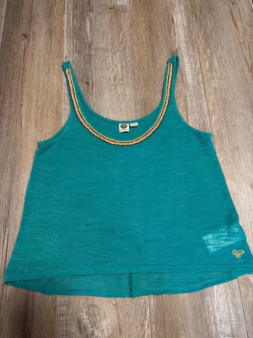 Roxy Crop Teal Scoop Neck Tank with Beaded Trim